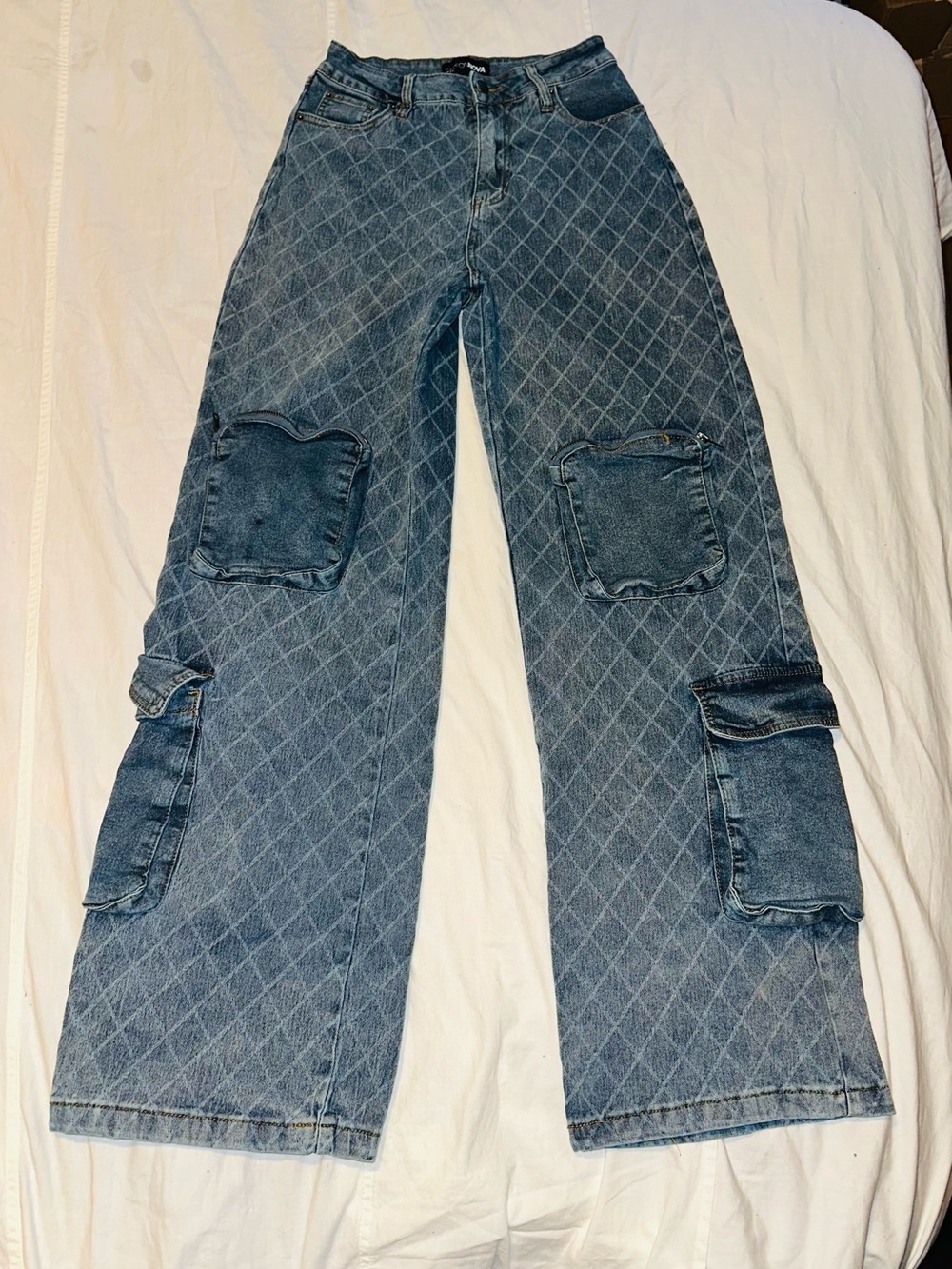 Quilted Light Blue Women's Bootcut Cargo Jeans